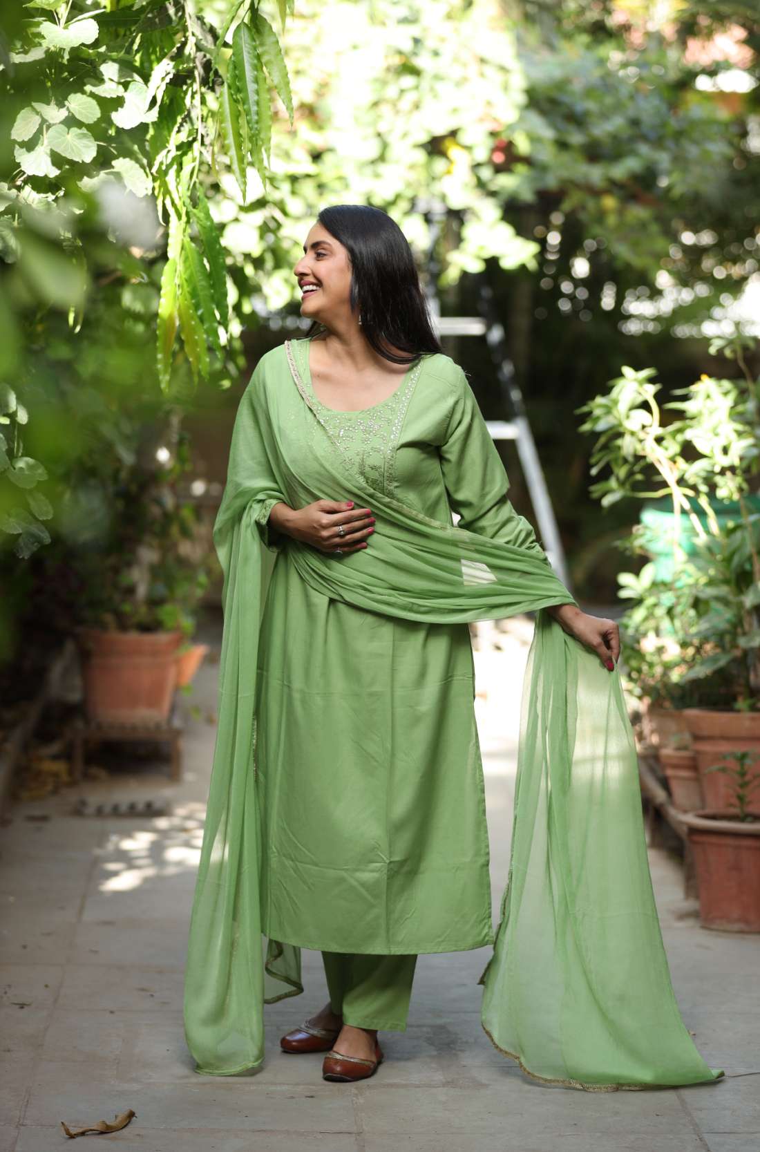 Light Green Embroidered Kurta Set with Dupatta Front View Flaring Dupatta.