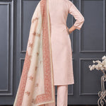 Back view of women’s light pink 3-piece silk blend kurta set with matching pants and printed dupatta.