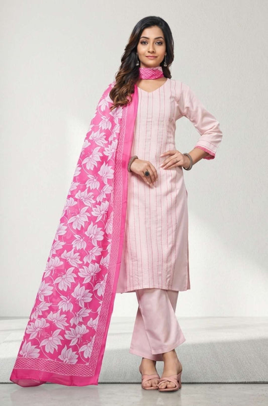 Light pink cotton embroidered kurta set for women with front view, pintucks detail and bright floral dupatta