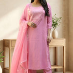 Front full length view of a woman wearing a light pink embroidered kurta set with straight pants and a matching printed dupatta