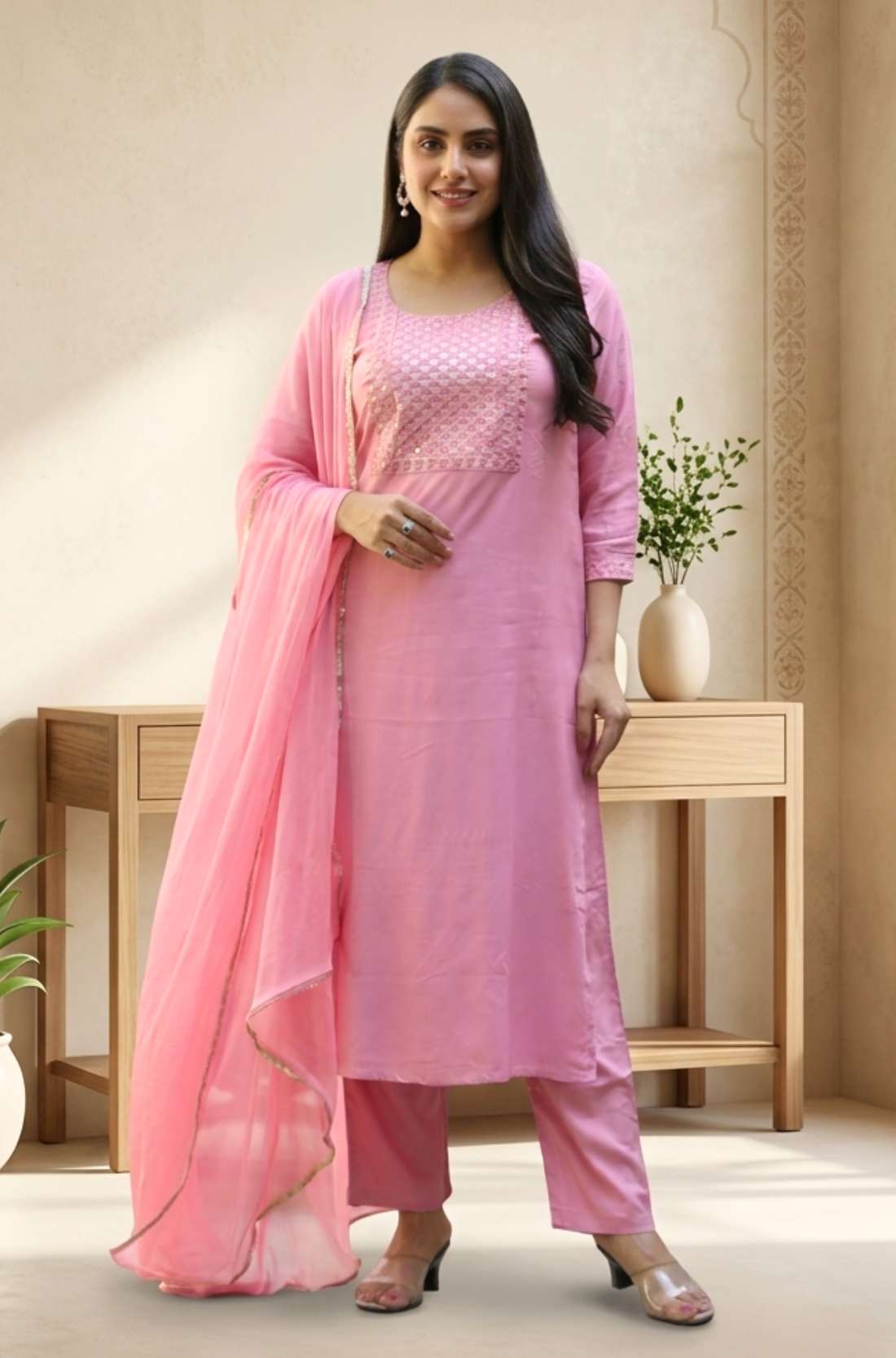 Front full length view of a woman wearing a light pink embroidered kurta set with straight pants and a matching printed dupatta