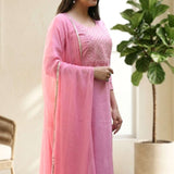 Side profile view of a model in a light pink embroidered salwar suit showcasing the side slit and elegant dupatta drape