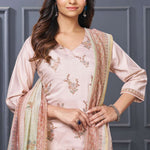 Front full length view of a model posing in a beautiful light pink scalloped embroidered silk kurta set with a matching draped dupatta