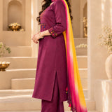 Side view of magenta A-line kurta set for women in pure cotton with pants and chiffon dupatta