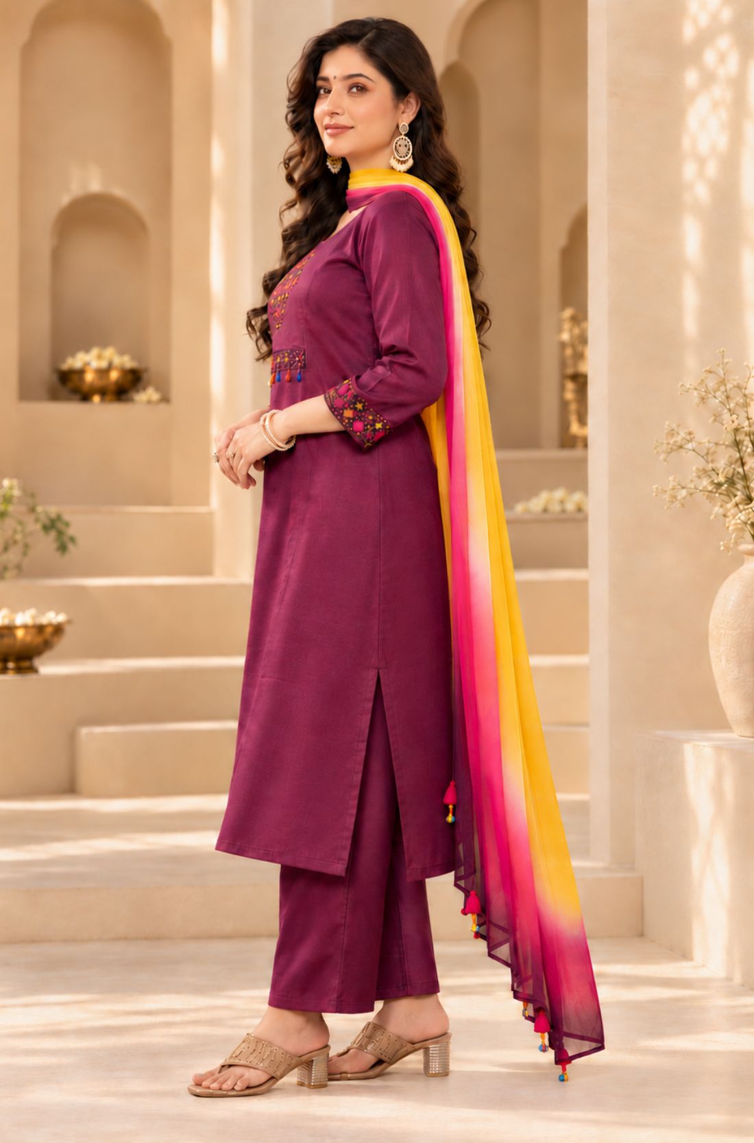 Side view of magenta A-line kurta set for women in pure cotton with pants and chiffon dupatta