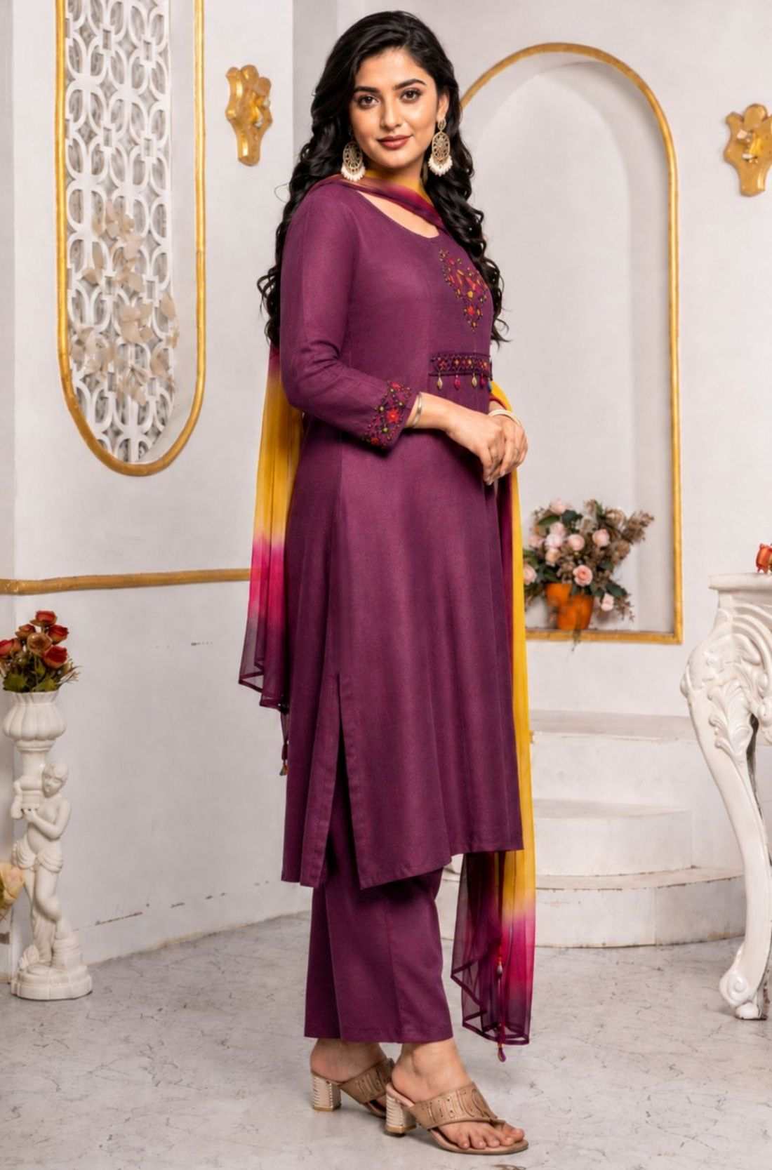 Side view of magenta cotton embroidered A-line kurta set with straight pants and ombre chiffon dupatta.