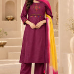 Front view of magenta A-line pure cotton kurta set for women with pants and chiffon dupatta