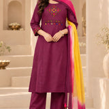 Front view of magenta A-line pure cotton kurta set for women with pants and chiffon dupatta