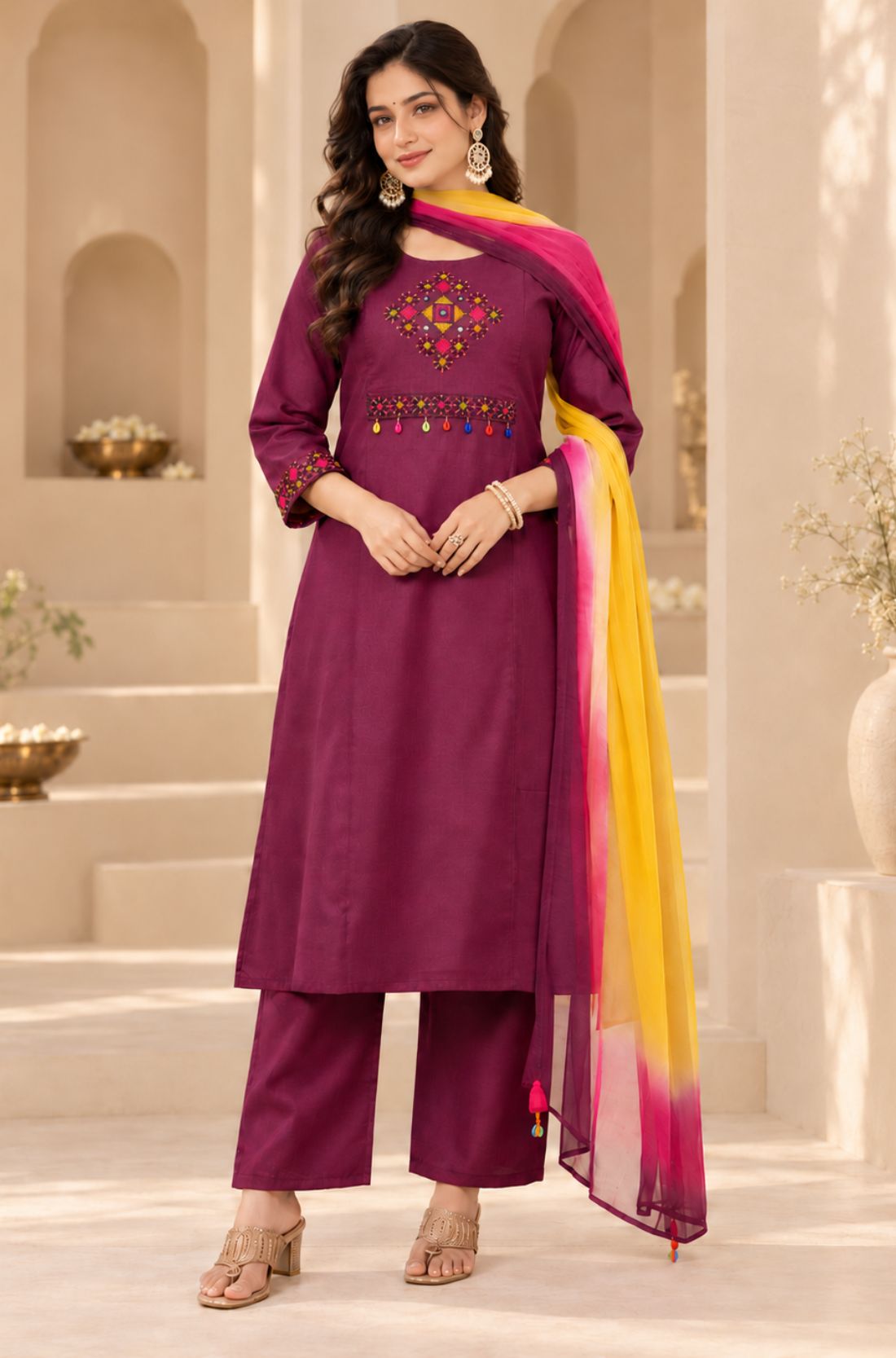Front view of magenta A-line pure cotton kurta set for women with pants and chiffon dupatta