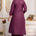 Back view of magenta pure cotton A-line kurta set with embroidered sleeve cuffs and matching straight pants.