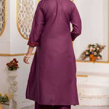 Back view of magenta pure cotton A-line kurta set with embroidered sleeve cuffs and matching straight pants.