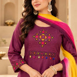 Magenta embroidered pure cotton kurta set for women with multicolour cross-stitch work and chiffon dupatta