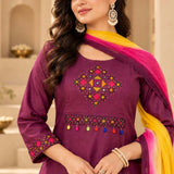 Magenta embroidered pure cotton kurta set for women with multicolour cross-stitch work and chiffon dupatta