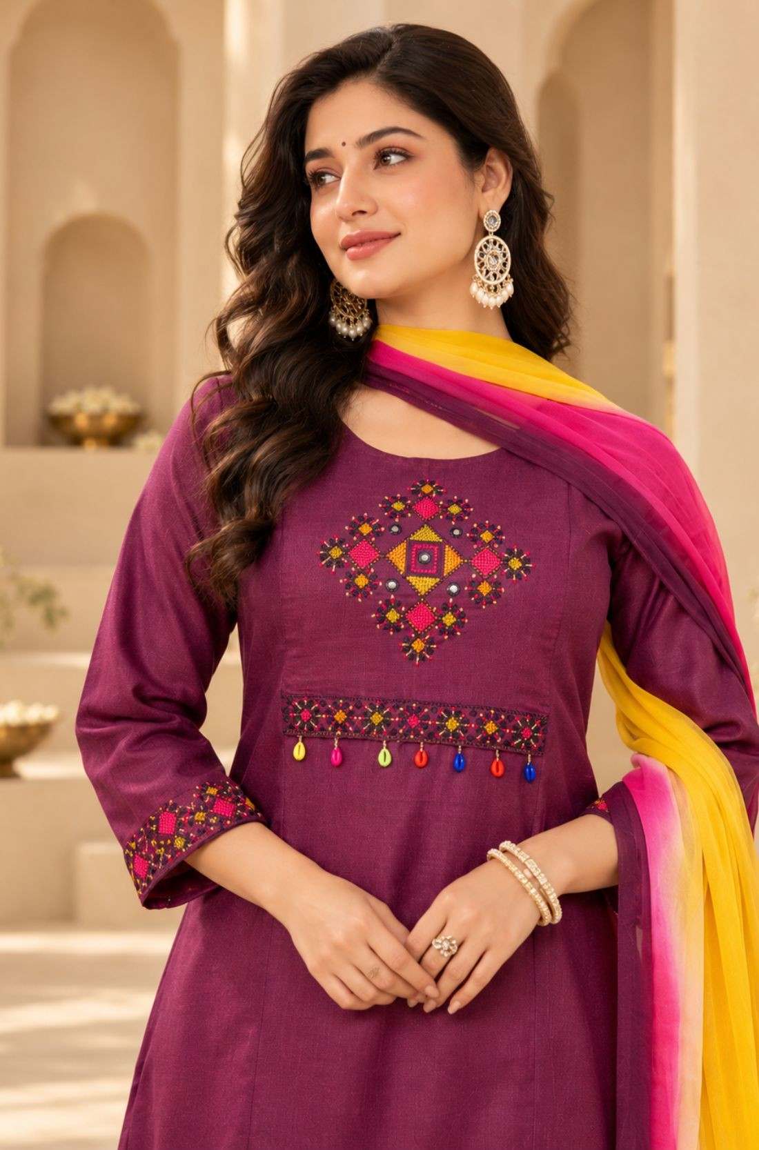 Magenta embroidered pure cotton kurta set for women with multicolour cross-stitch work and chiffon dupatta