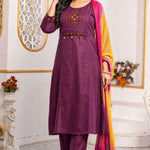Magenta pure cotton A-line kurta set for women with multicolour cross stitch embroidery, mirror detailing and chiffon dupatta.