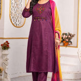 Magenta pure cotton A-line kurta set for women with multicolour cross stitch embroidery, mirror detailing and chiffon dupatta.