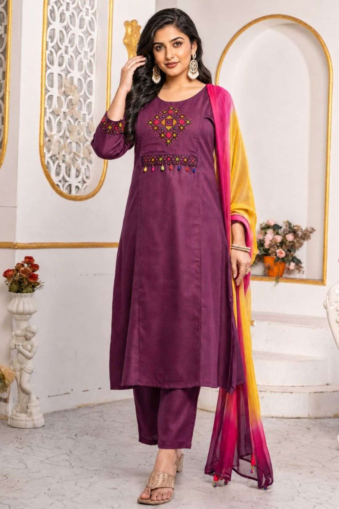 Magenta pure cotton A-line kurta set for women with multicolour cross stitch embroidery, mirror detailing and chiffon dupatta.