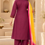 Back view of magenta pure cotton kurta set for women with straight pants and chiffon dupatta