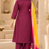 Back view of magenta pure cotton kurta set for women with straight pants and chiffon dupatta