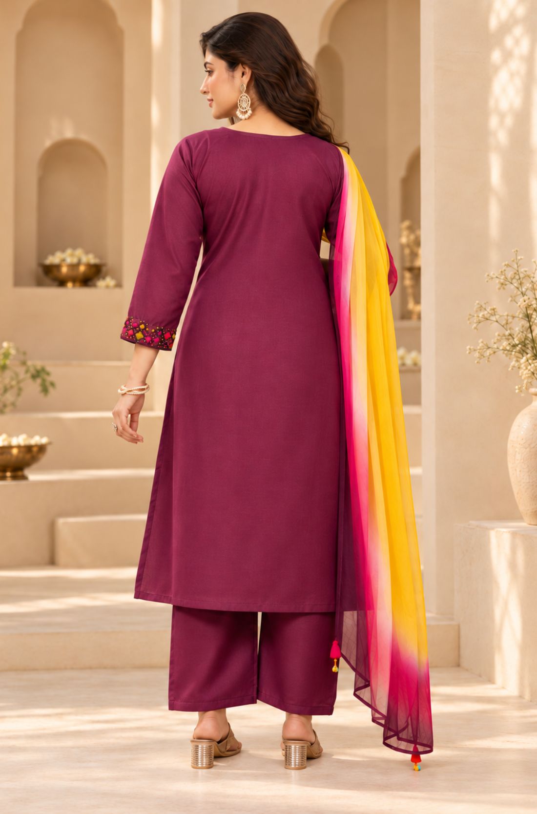 Back view of magenta pure cotton kurta set for women with straight pants and chiffon dupatta