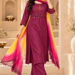 Magenta pure cotton kurta set for women with embroidered A-line kurta, pants and chiffon dupatta