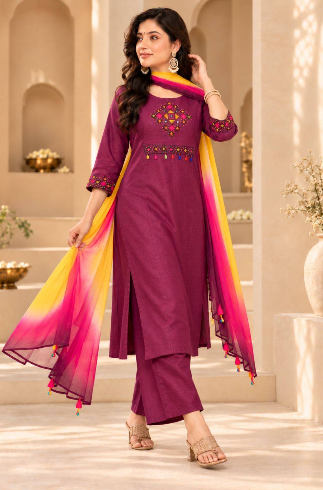 Magenta pure cotton kurta set for women with embroidered A-line kurta, pants and chiffon dupatta