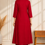 Back view of maroon A-line rayon kurta for women with 3/4 sleeves and flared hem