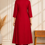 Back view of maroon A-line rayon kurta for women with 3/4 sleeves and flared hem