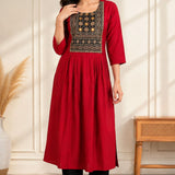 Maroon block print A-line kurta for women with hand embroidery, mirror work and 3/4 sleeves