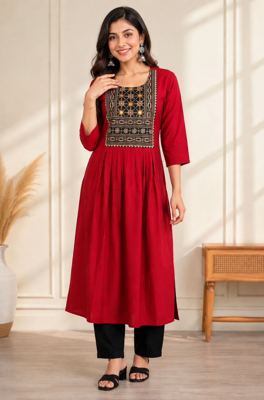 Maroon block print A-line kurta for women with hand embroidery, mirror work and 3/4 sleeves