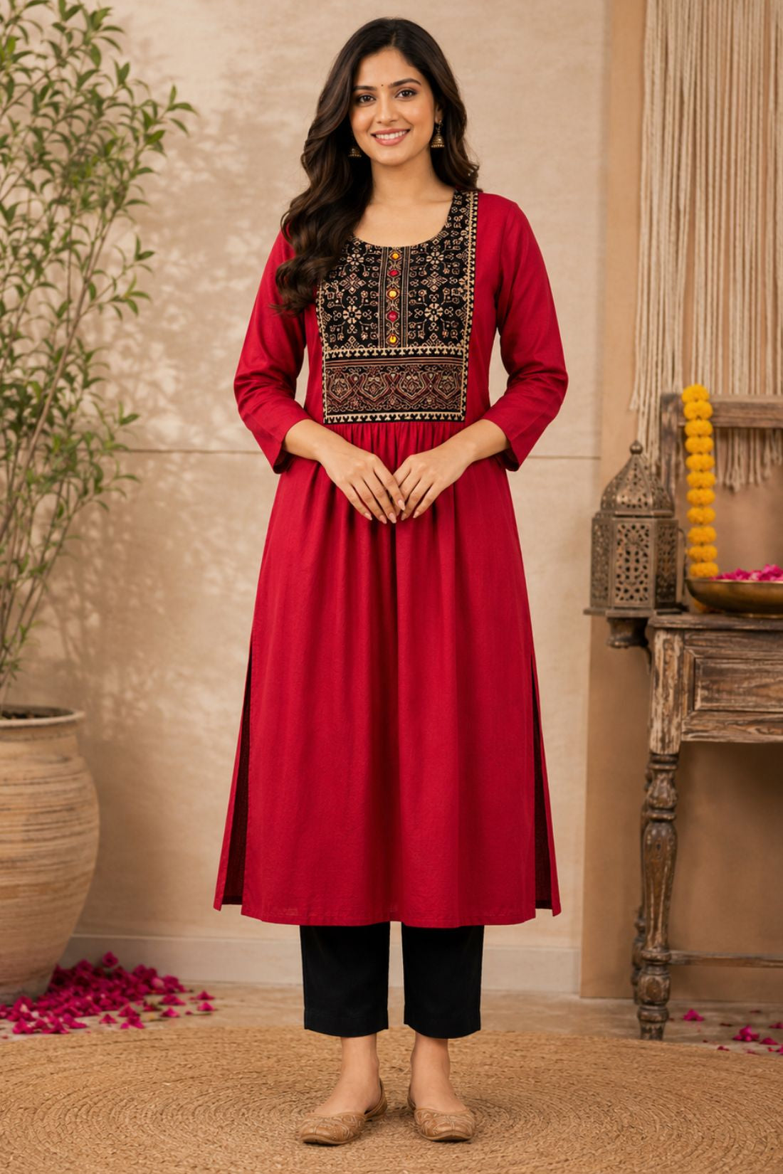 Woman wearing a maroon rayon A-line kurta with an embroidered yoke, shown in a full-length front view