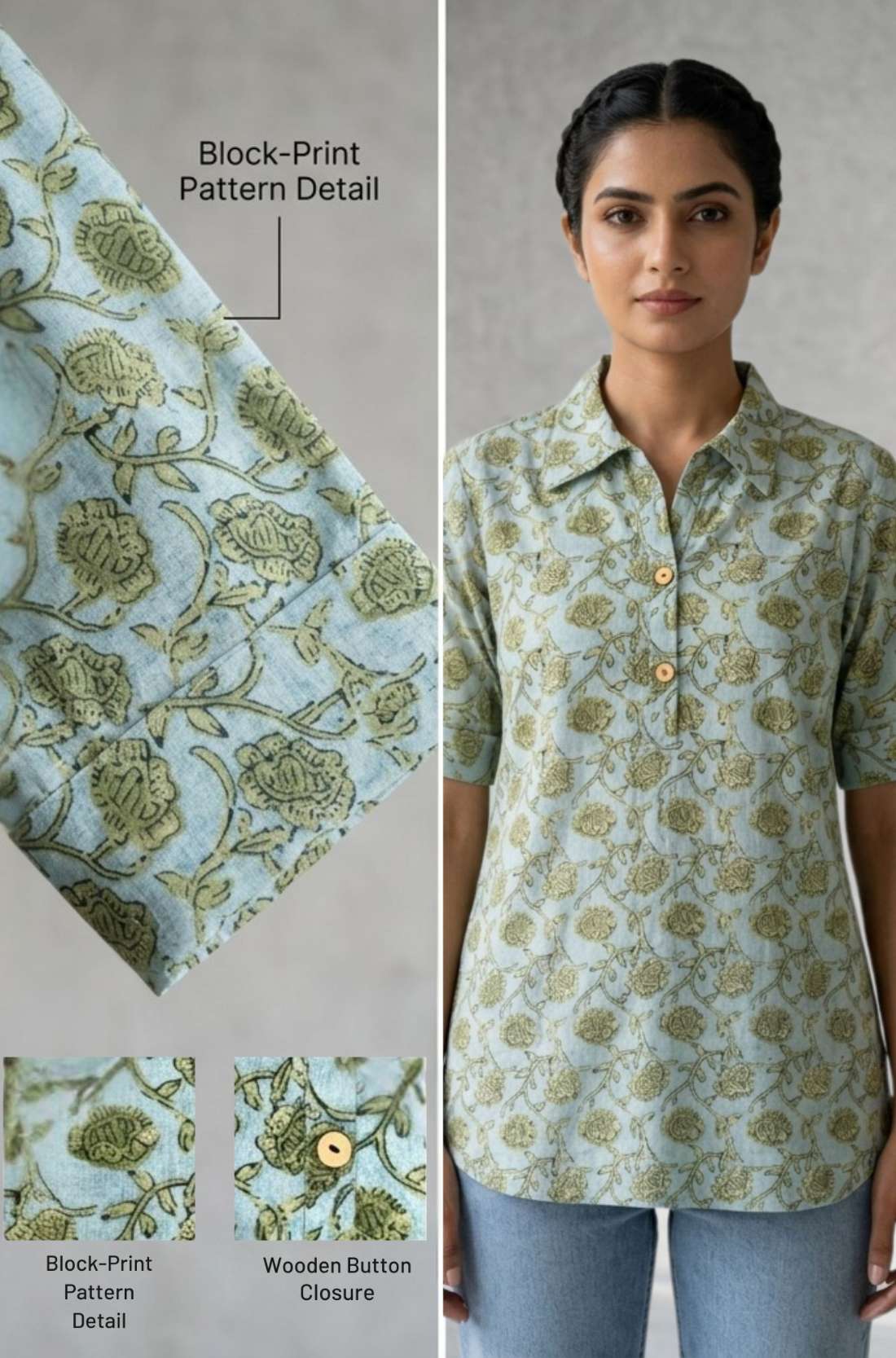 Close-up of mint green hand block print cotton shirt showing floral pattern, wooden buttons, and front design details.