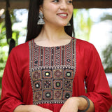 Embroidery Detailing on Maroon  Aline Kurta – Close-Up View