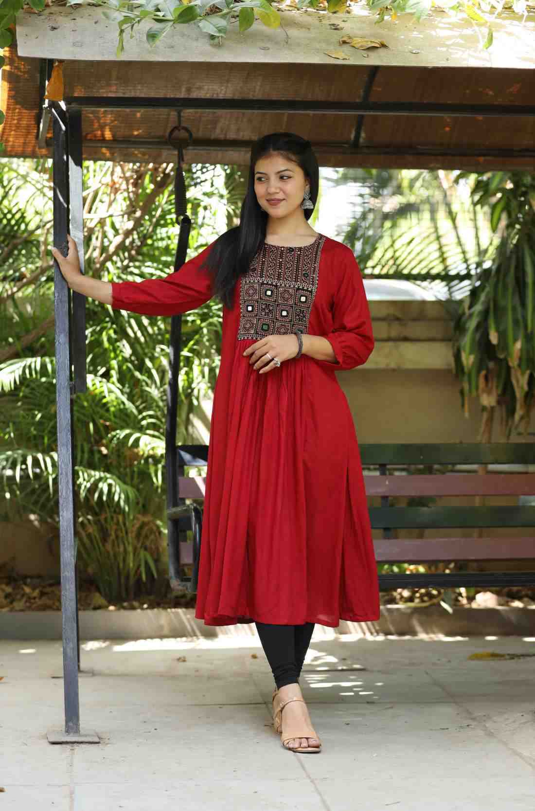 Red Rayon Embroidered Aline Kurta – Front View