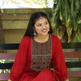 Maroon Rayon Embroidered Aline Kurta – Sitting Pose View