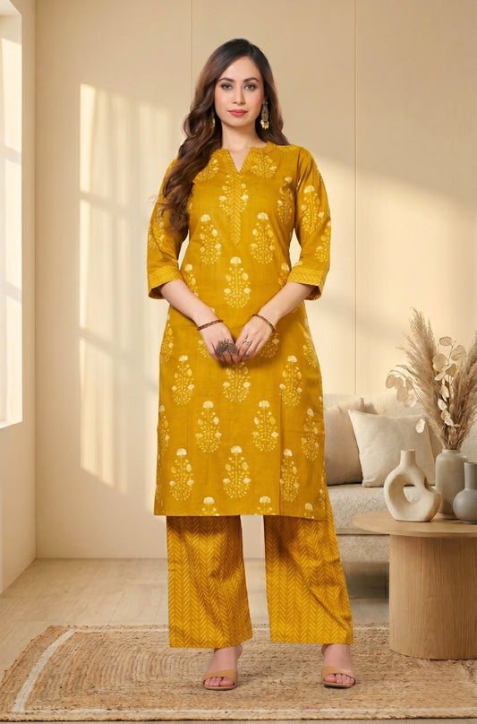 Women's Mustard Yellow Cotton Kurta Pant Set Front View