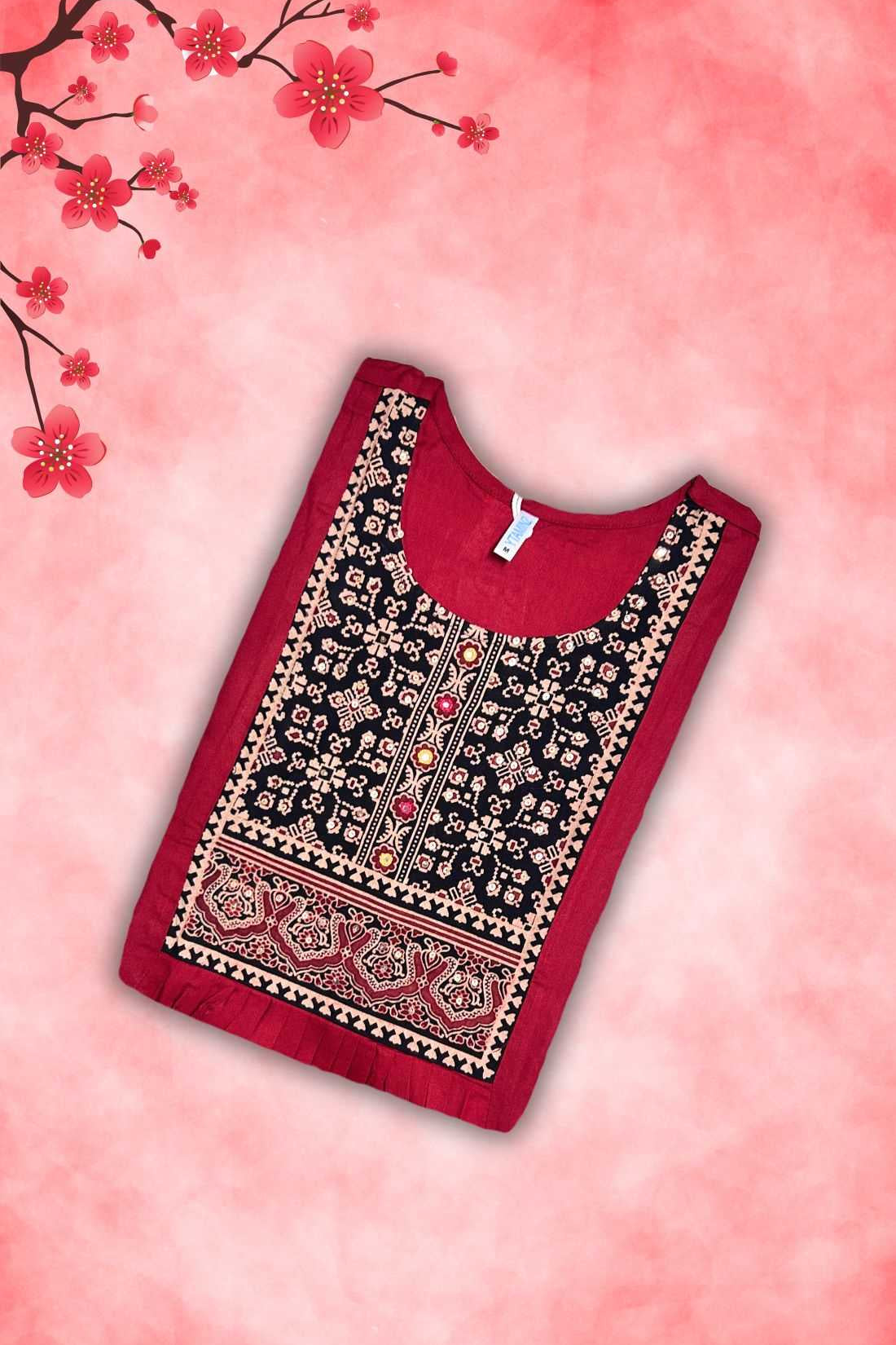 Maroon Unstitched Kurta Material – Hand Embroidered Block Printed