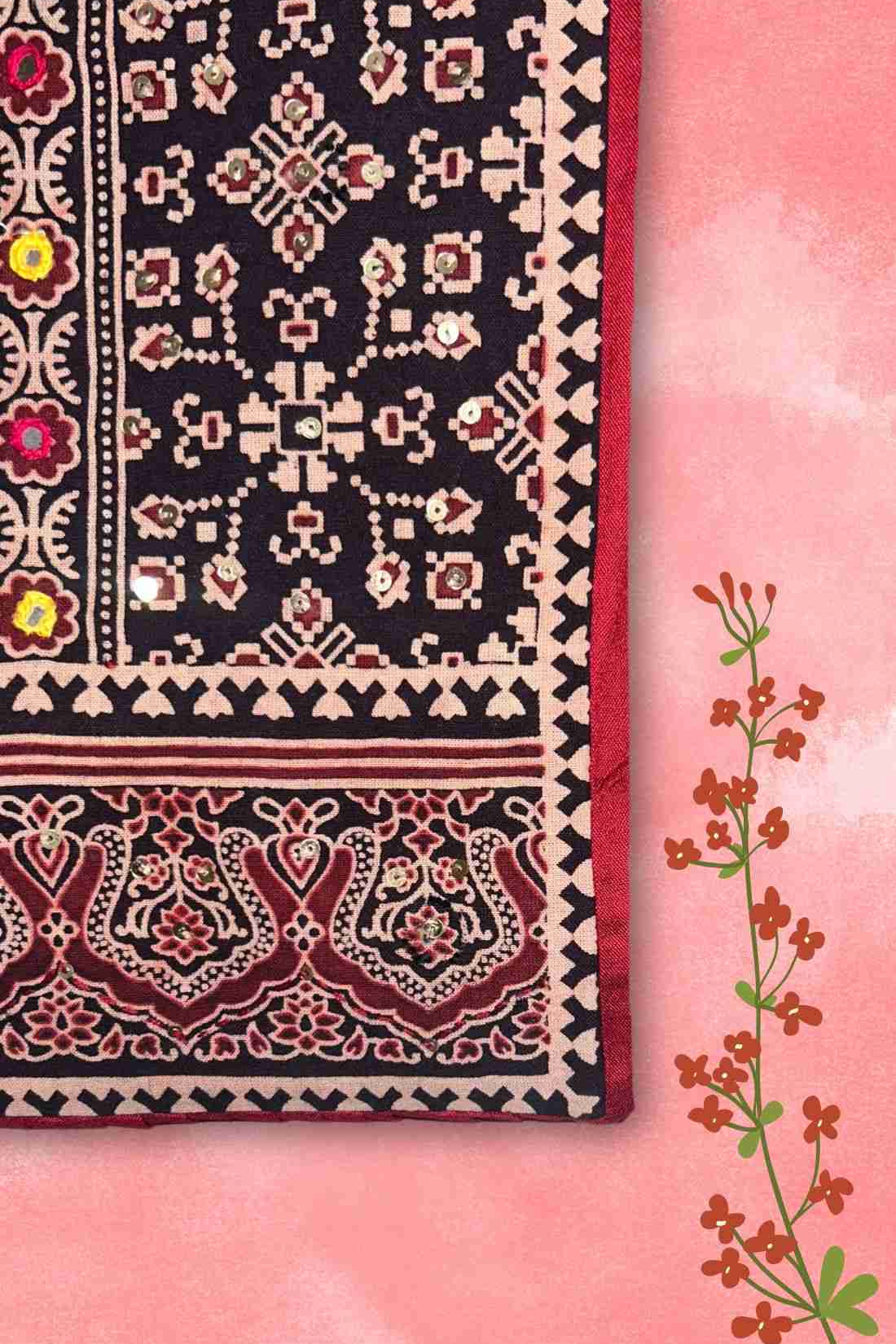 Maroon Kurta Fabric – Embroidery Block Printed Close-Up