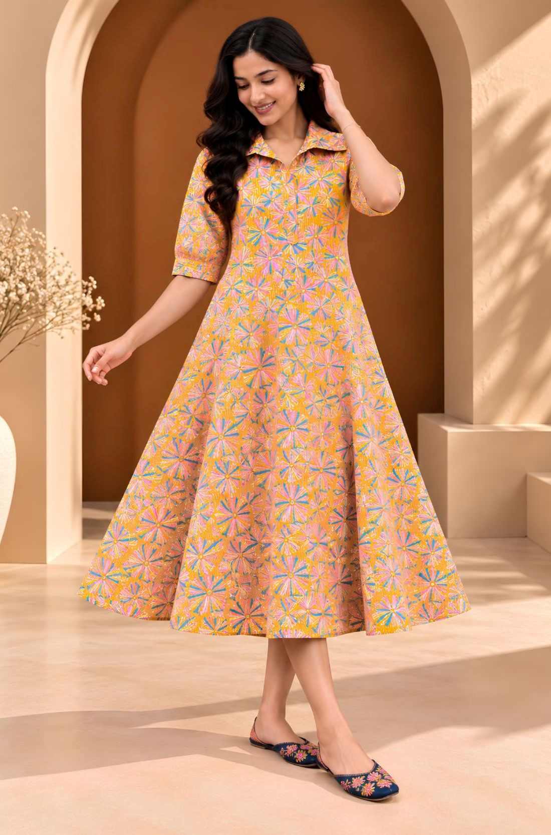 Full-length front view of ochre yellow floral printed pure cotton midi dress for women with a collared neckline and flowing A-line shape.