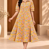 Front view of ochre yellow Jaipur floral print pure cotton A-line midi dress for women with collared neckline and elbow-length sleeves.