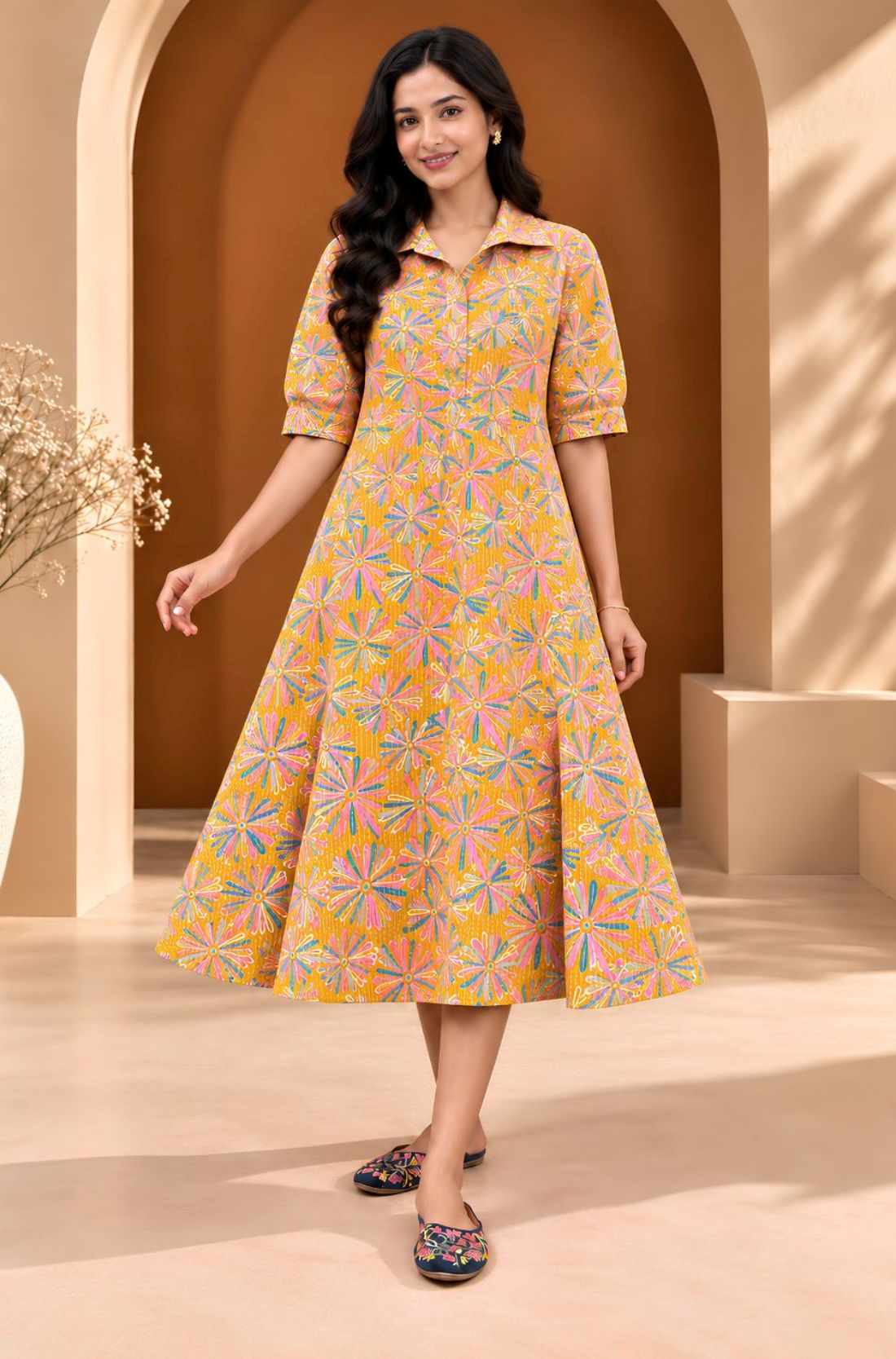 Front view of ochre yellow Jaipur floral print pure cotton A-line midi dress for women with collared neckline and elbow-length sleeves.