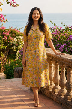Ochre yellow printed cotton frock style kurti with Jaipur floral print, collar neck and flared hem, front view