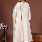 Back view of off white A-line kurta set with straight pants and gold-bordered chiffon dupatta
