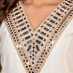 Close-up of mirror work V-neckline on an off-white Anarkali kurta set.