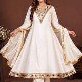 Woman wearing an off-white mirror work Anarkali kurta set with pants and dupatta