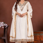 Off white mirror work Vatican Silk A-line 3 piece kurta set for women, full front view with chiffon dupatta