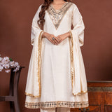 Off white mirror work Vatican Silk A-line 3 piece kurta set for women, full front view with chiffon dupatta