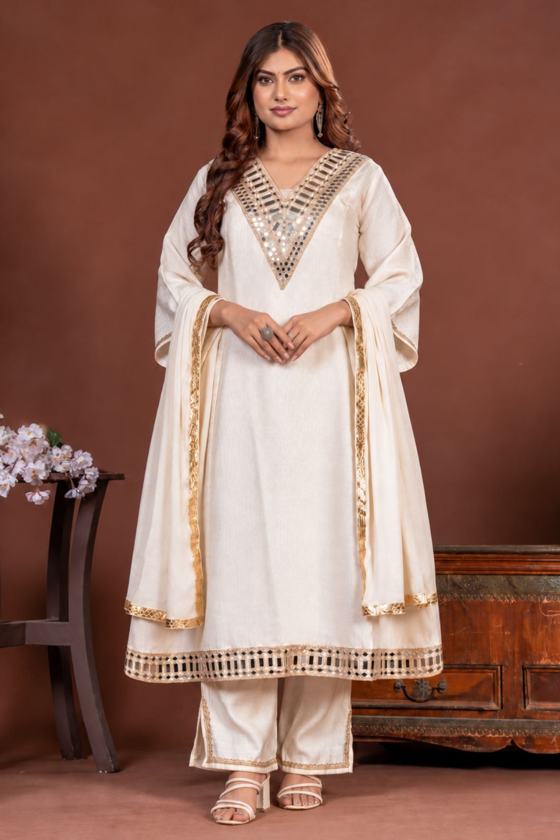 Off white mirror work Vatican Silk A-line 3 piece kurta set for women, full front view with chiffon dupatta