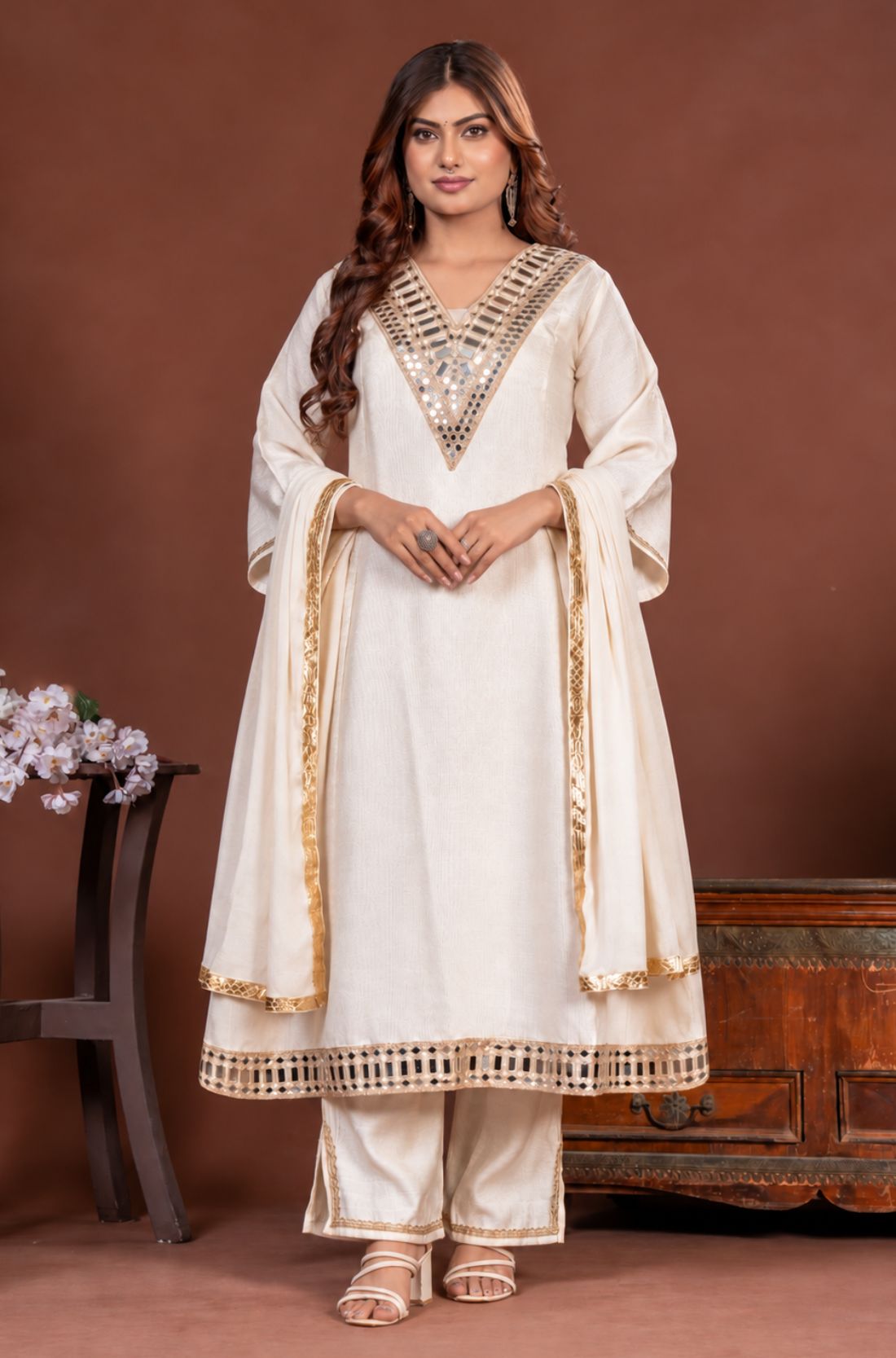 Off white mirror work Vatican Silk A-line 3 piece kurta set for women, full front view with chiffon dupatta