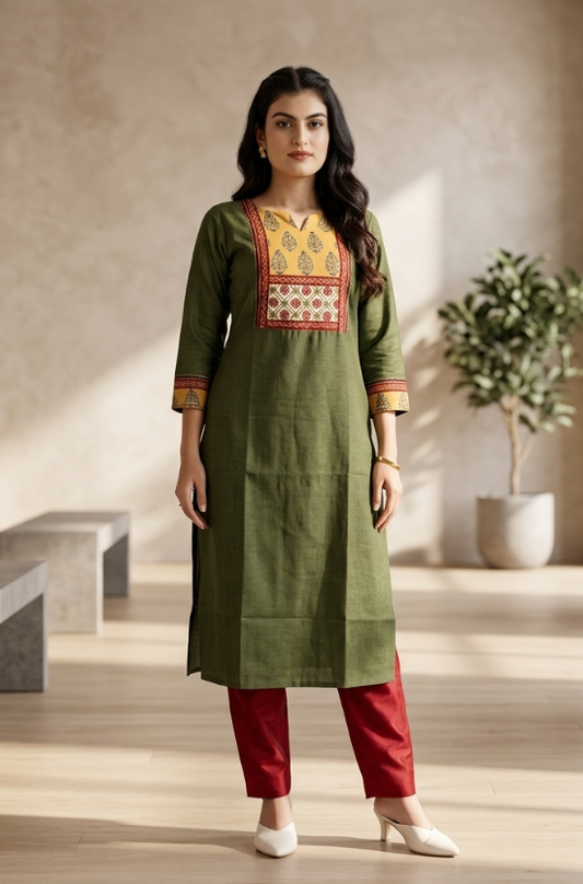 A studio shot of a woman standing in an olive green kurta with a yellow printed yoke and sleeve cuffs.